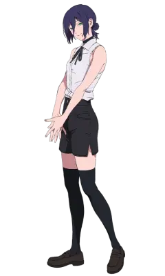 Reze (Chainsaw Man) standing with purple hair, sleeveless white blouse and black ribbon, black shorts and thigh-high stockings, hands clasped and a slight smile.