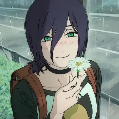Reze (Chainsaw Man) offering a white daisy, smiling and blushing; green eyes, short dark hair, choker and backpack, rain-streaked window in the background.
