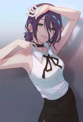 Reze (Chainsaw Man) leaning against a wall, purple hair in a loose bun, green eyes, sleeveless white blouse with black ribbon and choker, dark skirt, one arm raised to shade her forehead.