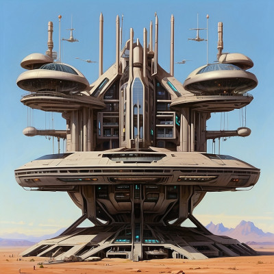 Futuristic sci-fi megastructure with towers and spherical modules on a desert-like planet.