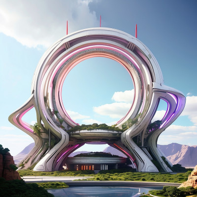 Futuristic sci-fi megastructure with circular design and neon accents against a scenic mountain backdrop.
