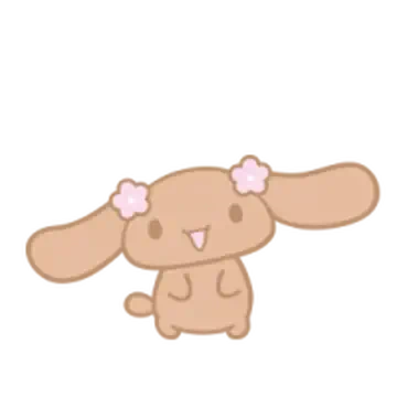 Lovelymocha brown bunny with long floppy ears, pink flower clips on the ears, tiny paws, a small tail and a cheerful open-mouthed smile in a simple pastel cartoon style.