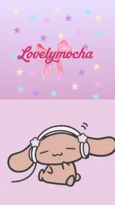 Pastel split image: top features Lovelymocha in pink script over a bow with scattered pastel stars; bottom shows a relaxed cartoon bunny with long ears wearing headphones.