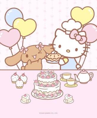 Lovelymocha pastel party scene: bow-wearing white cat offers a pie to a smiling brown bunny amid heart-shaped balloons, a tiered cake, cupcakes and a teapot with cups.