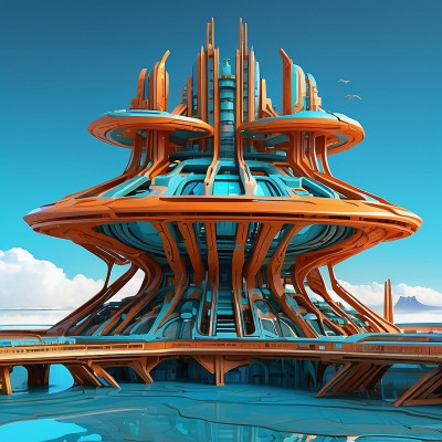 Futuristic sci-fi megastructure with intricate orange and blue design, evoking advanced alien architecture against a clear sky.