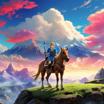 Link riding a horse against a scenic backdrop in The Legend of Zelda: Breath of the Wild game artwork.