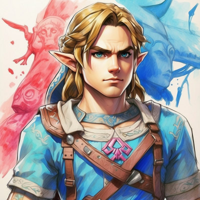 Artwork of Link from The Legend of Zelda: Breath of the Wild, featuring the character in his iconic blue tunic with a determined expression, set against stylized red and blue backdrops representing elements from the game.