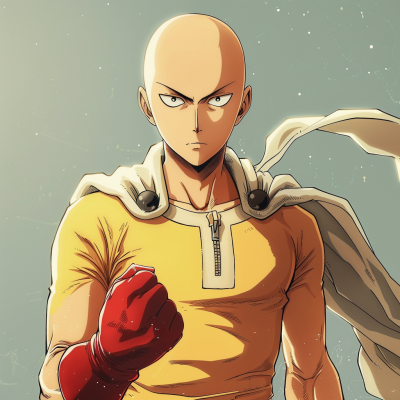 Illustration of Saitama from One-Punch Man with a serious expression, wearing a yellow suit with a red glove and a white cape fluttering behind.