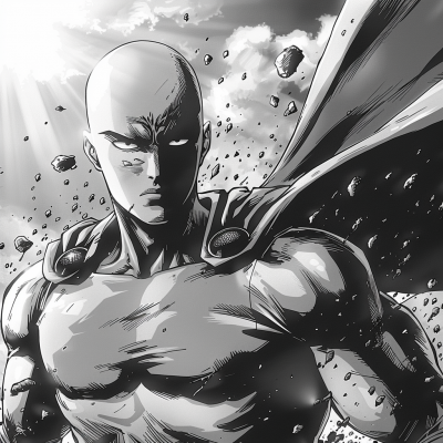 One-Punch Man illustration showcasing the powerful anime character Saitama in a dynamic, heroic pose with rocks shattering around him.