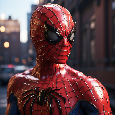 Close-up of Spiderman in his iconic red and blue suit looking over a bustling city street.