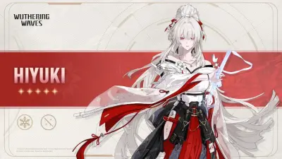 Hiyuki (Wuthering Waves) character portrait from Wuthering Waves: white‑haired swordswoman in red-and-white robes with flowing ribbons and katana, posed over a red banner reading HIYUKI.
