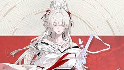 Hiyuki (Wuthering Waves) — pale silver-haired woman in a white kimono with red accents, holding a ribboned sword, serene expression against a red-and-beige patterned backdrop.