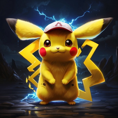 Illustration of Pikachu, the iconic yellow electric-type Pokémon, wearing a cap and surrounded by lightning bolts.