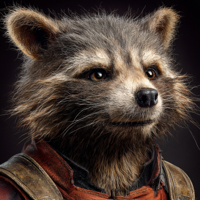 Close-up portrait of Rocket Raccoon from Guardians of the Galaxy with detailed fur and whiskers, bright amber eyes and worn red leather armor against a dark background.