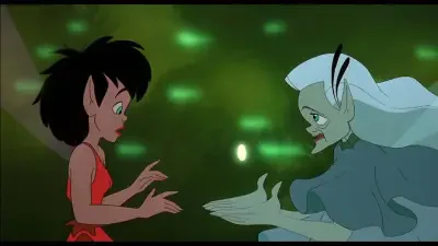 Crysta, a dark-haired fairy, reaches toward the pale, white-haired elder Magi Lune amid glowing green rainforest light in FernGully: The Last Rainforest.