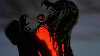 Scene from FernGully: The Last Rainforest — a towering black, gooey monster with a glowing red core stretches its clawed arms against a dark, stormy sky.