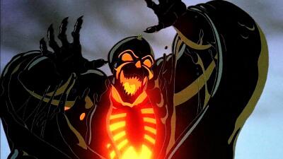 Shadowy, monstrous figure with a glowing ribcage and skull-like face reaching out against a stormy sky — from FernGully: The Last Rainforest.