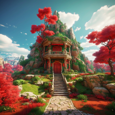 Vibrant indie game environment showcasing a mystical temple atop a rocky hill with red foliage trees under a bright sky.