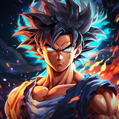 Dynamic illustration of Goku from Dragon Ball with an intense, fiery background, showcasing his powerful aura and determination.