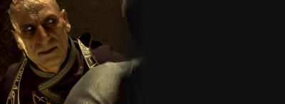 Close-up of a gaunt, pale-eyed cult leader glaring at a shadowed figure, tense dim interior — Resident Evil 4 Integrate