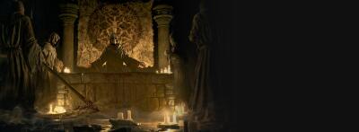 Dark, candlelit cult chapel from Resident Evil 4 Integrate: robed statues flank an altar with a hooded, prostrating figure, lit by flickering candles and strewn debris.