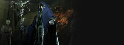 Hooded, robed cult leader in an ornate cloak clutching a twisted staff amid stone statues and a fiery cavern, Resident Evil 4 Integrate.