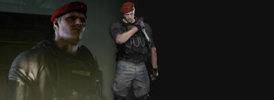 Two rendered views of a tactical operative in a red beret and body armor against a dark background, promotional art for Resident Evil 4 Integrate.