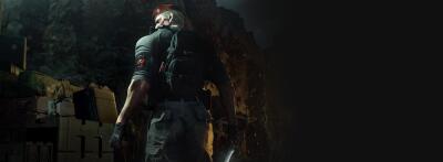 Backlit character from Resident Evil 4 Integrate — an armed man in tactical gear stands before a crumbling wall and dark forest, tense and cinematic lighting.