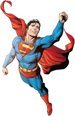 Superman in blue suit and red cape soars upward with fist raised and S-shield on his chest, DC Universe Online character art.