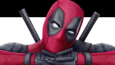 Close-up of Deadpool in his red-and-black suit, chin on crossed arms with katanas on his back against a stark black-and-white background, X-Men Origins: Wolverine.