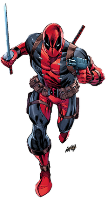Deadpool (X-Men Origins: Wolverine) charges forward in a red-and-black suit, sword raised in one hand and pistol in the other.