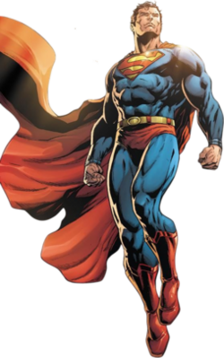 Superman from DC Universe Online hovering upright, red cape billowing, fists clenched, iconic S emblem on chest, muscular blue suit and red boots.