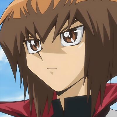 A close-up of Judai from Yu-Gi-Oh, featuring his intense gaze and distinctive spiky brown hair, set against a clear blue sky.