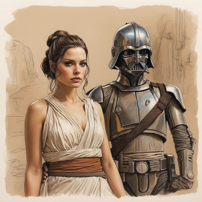 Illustration of a Star Wars female character in a white outfit with a Mandalorian warrior in armor standing side by side.