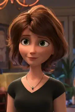 Aunt Cass from Big Hero 6 with short brown hair, green eyes, and a black top, looking softly ahead in a warmly lit room.