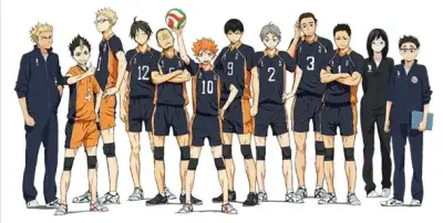Haikyu!! Karasuno volleyball team lined up—players in black and orange uniforms, one holding a ball, coaches standing at either end.