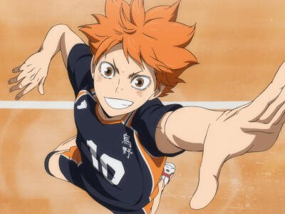 Hinata from Haikyu!! leaps for a spike, orange-haired Karasuno #10 player reaching toward the viewer on a volleyball court with an excited, determined grin.