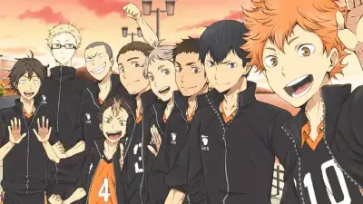 Haikyu!! Karasuno volleyball team gathers for a cheerful sunset group selfie—Hinata grinning at right, Kageyama beside him, teammates in black warm-up jackets behind.