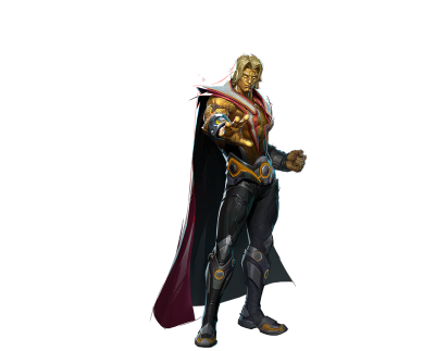 Marvel Rivals hero: blond armored warrior in red-and-gold cape, black armored leggings and gauntlet, energy glowing from his outstretched hand, standing in a confident battle-ready pose on black background.