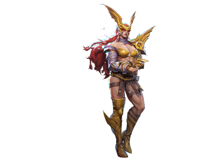 Marvel Rivals character: armored female warrior with flowing red hair, gold winged helmet, ornate gauntlets and thigh-high armored boots.