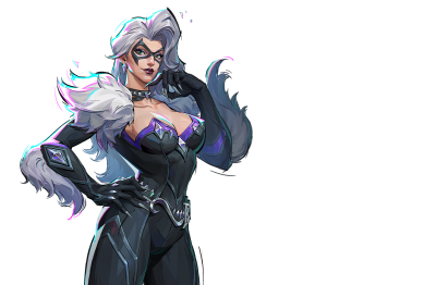 Black Cat from Marvel Rivals: silver‑haired masked woman in a black catsuit with white fur collar and purple accents, hand on hip.