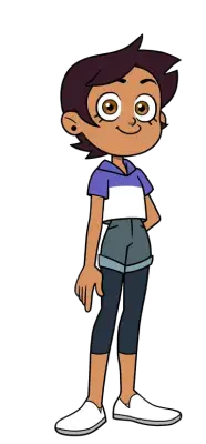 Luz Noceda from The Owl House stands confidently with her hands at her sides, wearing a purple and white shirt, shorts, and white shoes.