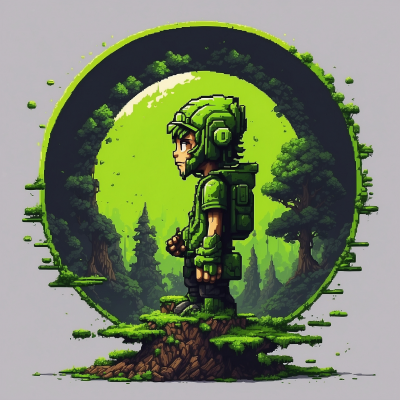 Pixel art illustration of a character in futuristic armor standing in a forest environment with a circular green backdrop.