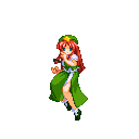 Pixel sprite of a red-haired woman in a green dress and white blouse, wearing a red hat and waving on a black background — Touhou Koumakyou: New Classic - the Embodiment of Scarlet Devil