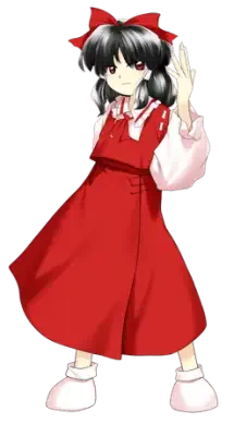 Reimu Hakurei from Touhou Koumakyou: New Classic - the Embodiment of Scarlet Devil, standing in a red shrine‑maiden dress with black hair, large red bow and one hand raised.