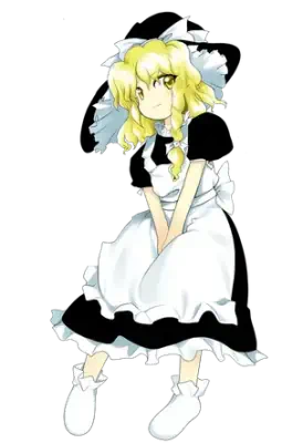 Character from Touhou Koumakyou: New Classic - the Embodiment of Scarlet Devil Integrate—blonde girl in black-and-white maid dress and frilled headpiece, braided hair, seated with hands clasped.