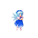 Chibi blue-haired fairy with ice-crystal wings and blue dress, arms crossed — Cirno from Touhou Koumakyou: New Classic - The Embodiment of Scarlet Devil Integrate.