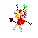 Chibi Flandre Scarlet from Touhou Koumakyou: New Classic — The Embodiment of Scarlet Devil; blonde girl in a red dress and hat, rainbow crystal wings, holding a dark staff and smiling.