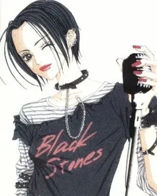 Manga-style NANA: punk singer winking, short black hair, choker and chain, layered striped top with Black Stones tee, holding a microphone.