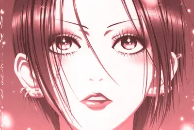 NANA — close-up manga-style portrait of a young woman with short dark hair, large expressive eyes and long lashes, glossy lips and multiple ear piercings in soft pink tones.